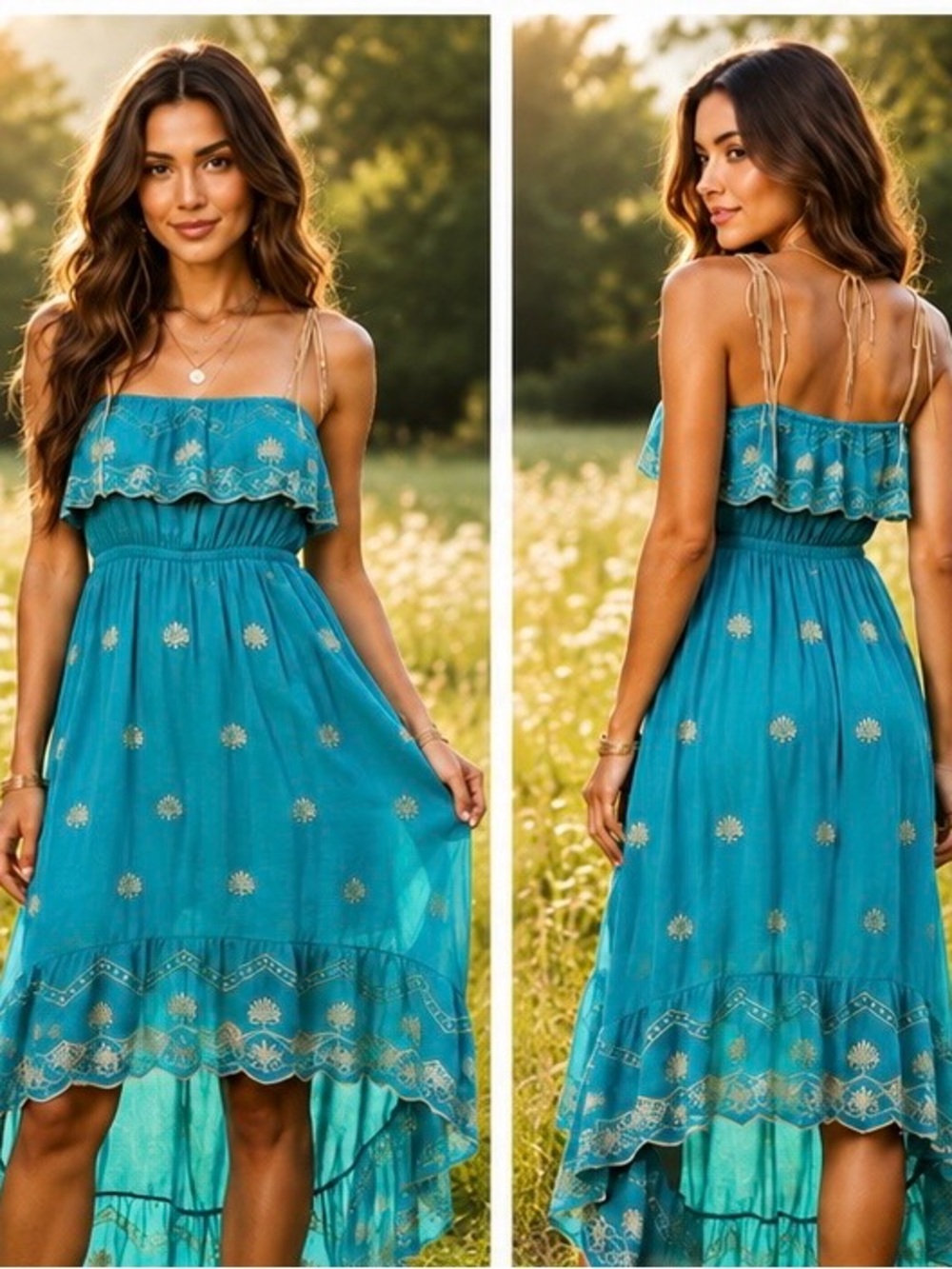 Boho Ruffle High-Low Sundress in Teal with Gold Accent